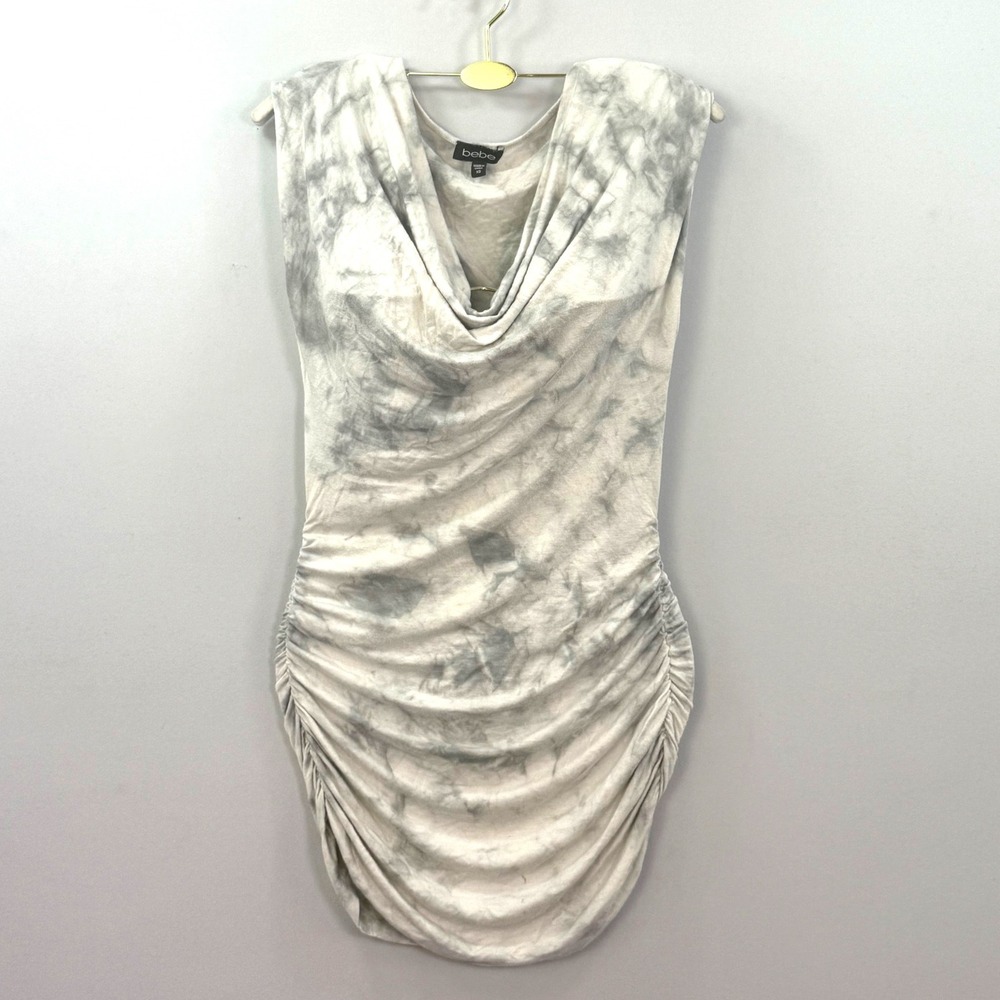 Bebe Womens Grey Tie Dye Cowl Neck Ruched Bodycon Mini Dress XS Sleeveless